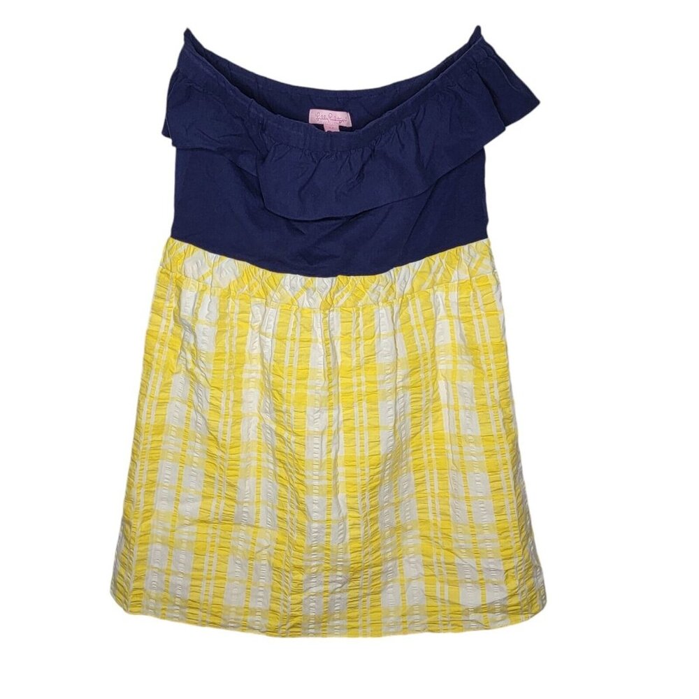 Lilly Pulitzer Strapless Esmeralda Dress‎ Yellow / Navy Blue Mini Plaid Medium M